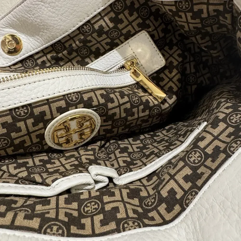 Tory Burch Gareth White Pebbled Leather Bucket Shoulder Tote Bag Gold Hardware